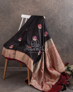 Black Banarasi Pure Silk Saree with contrast maroon khaddi border