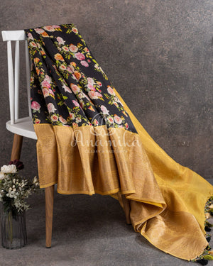Black Floral Soft Silk Saree with classic gadwal border