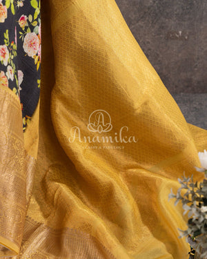 Black Floral Soft Silk Saree with classic gadwal border