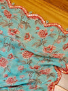Blue Floral Georgette saree with contrast red mirror work border and blouse