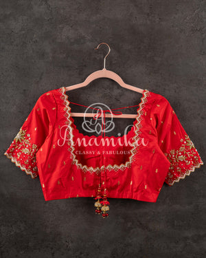 Red Pure Silk Blouse with zari buttas and work