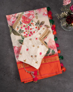 Off white Soft Kanchi silk saree with beautiful floral prints