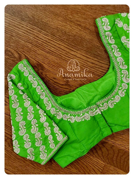 Parrot Green Blouse with Silver Zardosi and Pearl work