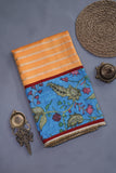 Peach chanderi silk saree with hand painted kalamkari border in blue