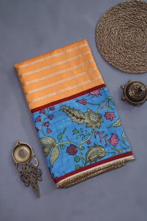 Peach chanderi silk saree with hand painted kalamkari border in blue