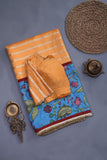 Peach chanderi silk saree with hand painted kalamkari border in blue
