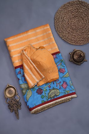 Peach chanderi silk saree with hand painted kalamkari border in blue
