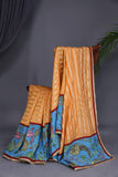 Peach chanderi silk saree with hand painted kalamkari border in blue
