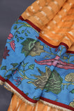 Peach chanderi silk saree with hand painted kalamkari border in blue