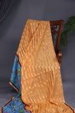 Peach chanderi silk saree with hand painted kalamkari border in blue