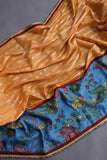 Peach chanderi silk saree with hand painted kalamkari border in blue