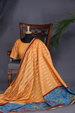 Peach chanderi silk saree with hand painted kalamkari border in blue
