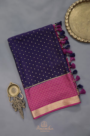 A beautiful mysore crepre silk saree in dark navy and rani pink combination