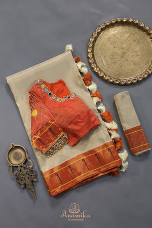 Gadwal Paithai Tissue saree in ivory-gold and orange