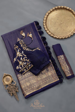 Royal Navy Kanjeevaram Saree with a stunning blouse pattern