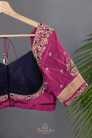 A beautiful mysore crepre silk saree in dark navy and rani pink combination