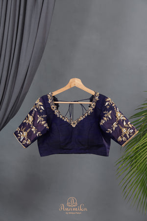 Royal Navy Kanjeevaram Saree with a stunning blouse pattern