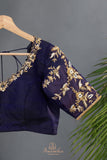 Royal Navy Kanjeevaram Saree with a stunning blouse pattern