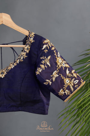 Royal Navy Kanjeevaram Saree with a stunning blouse pattern