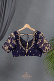 Royal Navy Kanjeevaram Saree with a stunning blouse pattern