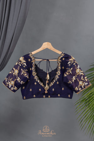 Royal Navy Kanjeevaram Saree with a stunning blouse pattern