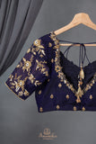 Royal Navy Kanjeevaram Saree with a stunning blouse pattern
