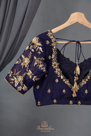 Royal Navy Kanjeevaram Saree with a stunning blouse pattern