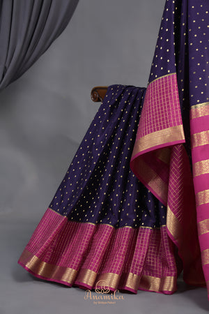 A beautiful mysore crepre silk saree in dark navy and rani pink combination