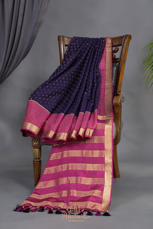 A beautiful mysore crepre silk saree in dark navy and rani pink combination