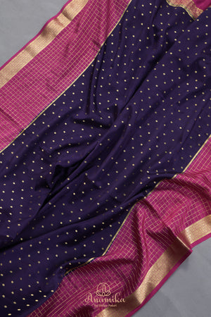 A beautiful mysore crepre silk saree in dark navy and rani pink combination