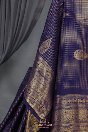 Royal Navy Kanjeevaram Saree with a stunning blouse pattern