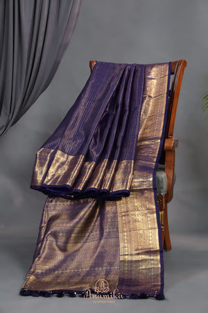 Royal Navy Kanjeevaram Saree with a stunning blouse pattern