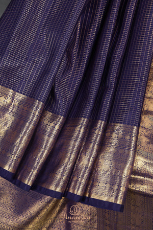 Royal Navy Kanjeevaram Saree with a stunning blouse pattern