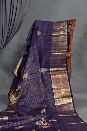 Royal Navy Kanjeevaram Saree with a stunning blouse pattern
