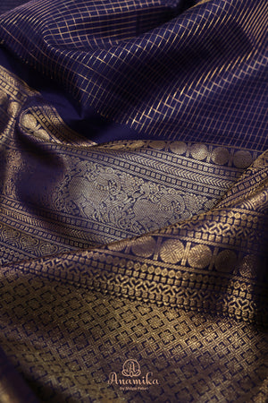Royal Navy Kanjeevaram Saree with a stunning blouse pattern