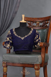Royal Navy Kanjeevaram Saree with a stunning blouse pattern
