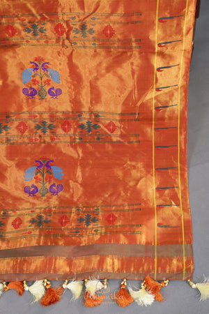Gadwal Paithai Tissue saree in ivory-gold and orange