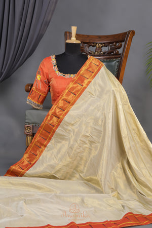 Gadwal Paithai Tissue saree in ivory-gold and orange