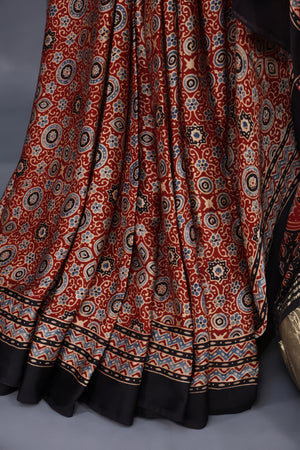 Earthy Brown Ajrak saree on modal silk