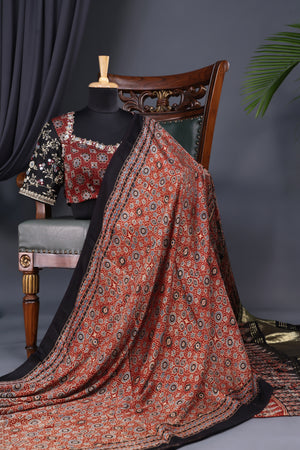 Earthy Brown Ajrak saree on modal silk