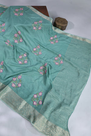 Light weight silk saree in blue and pink