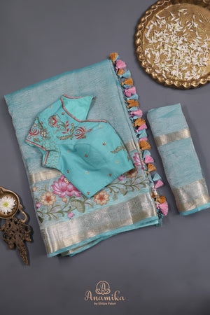 Aqua Blue Crush Tissue Saree