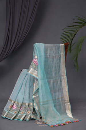 Aqua Blue Crush Tissue Saree