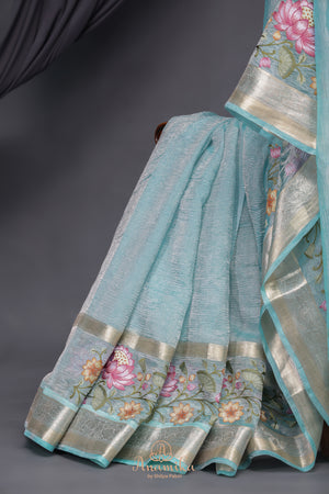 Aqua Blue Crush Tissue Saree