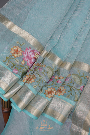 Aqua Blue Crush Tissue Saree