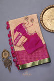 A beautiful mysore crepre silk saree in soft peach and rani pink combination
