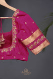 A beautiful mysore crepre silk saree in soft peach and rani pink combination
