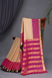 A beautiful mysore crepre silk saree in soft peach and rani pink combination