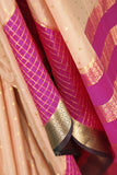 A beautiful mysore crepre silk saree in soft peach and rani pink combination