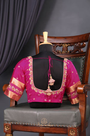 A beautiful mysore crepre silk saree in soft peach and rani pink combination